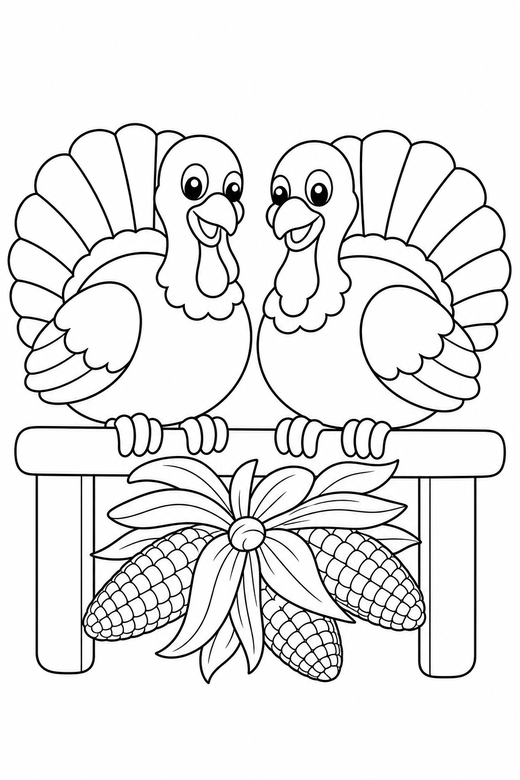 Two turkeys perched with corn: Two turkeys together perched on a rail beside a bundle of corn, free printable coloring page