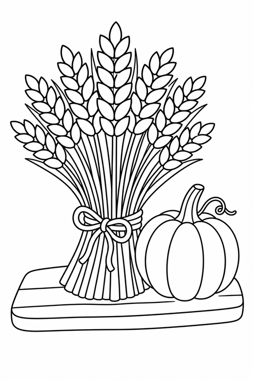 Wheat bundle on a board with a small pumpkin: A bundle of wheat tied with twine laid out on a wooden board with a small pumpkin alongside, free printable coloring page