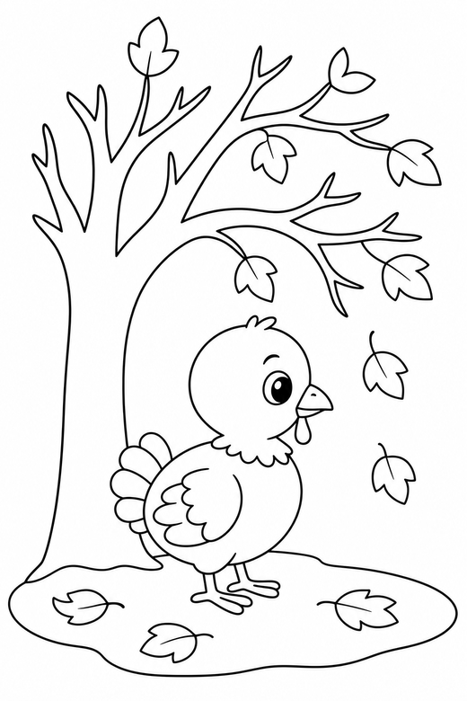 Turkey chick standing under a tree: A small round turkey chick standing in profile under a bare autumn tree, free printable coloring page
