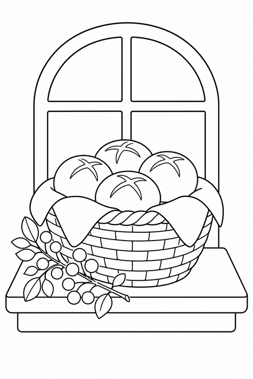 Bread rolls on a windowsill with a sprig: A cloth-lined basket of round bread rolls resting on a windowsill with a sprig of berries alongside, free printable coloring page