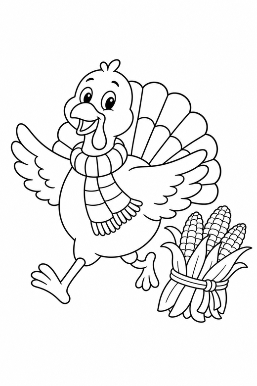 Turkey with a scarf running with corn: A turkey wearing a knitted scarf running with its wings out beside a bundle of corn, free printable coloring page