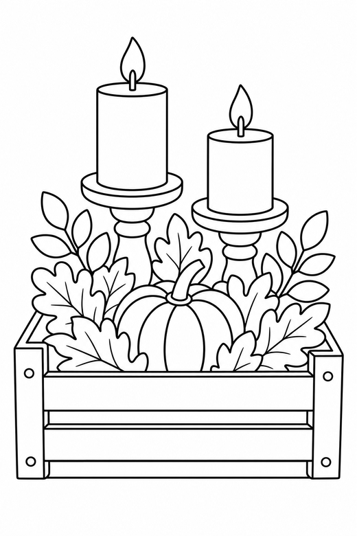 Candle centrepiece in a crate: Two candles in holders with leaves around the base arranged inside a wooden crate with a small pumpkin alongside, free printable coloring page