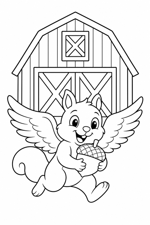 Squirrel running by the barn: A squirrel holding an acorn running with its wings out in front of a wooden barn, free printable coloring page
