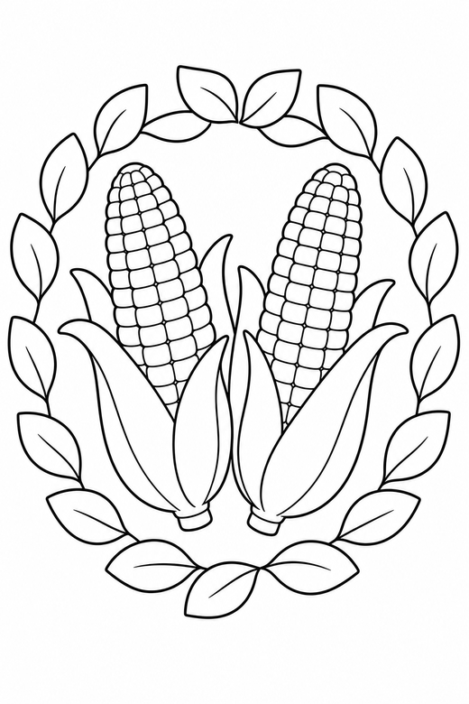 Corn cobs seen from above framed by a wreath: Two ears of corn with husks peeled back seen from directly above framed by a ring of leaves, free printable coloring page