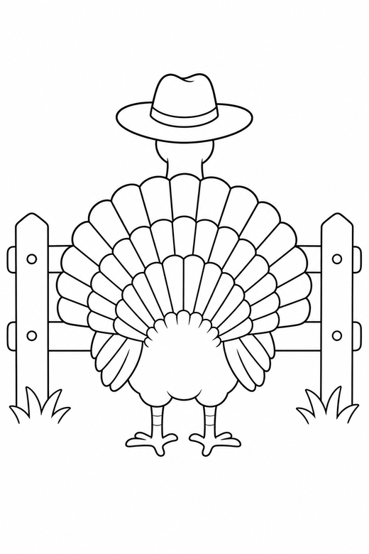Turkey in a hat seen from behind by a fence: A turkey wearing a wide brimmed hat seen from behind with its tail fanned toward you beside a low wooden fence, free printable coloring page