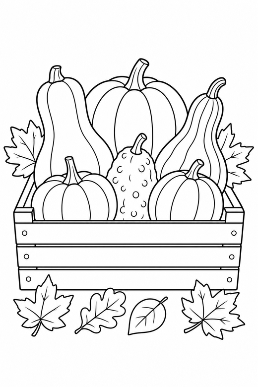 Squash and gourds in a crate with leaves: An assortment of squash and gourds arranged inside a wooden crate with autumn leaves scattered around, free printable coloring page