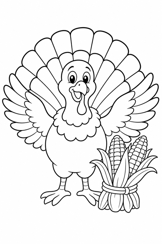 Turkey wings spread with corn: A turkey with a fanned tail with both wings spread wide beside a bundle of corn, free printable coloring page