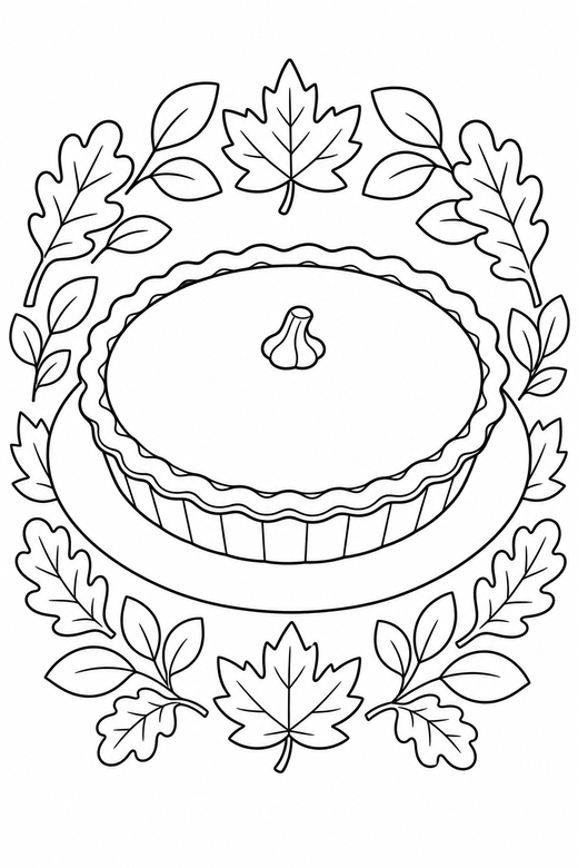 Pumpkin pie on a plate framed by a wreath: A whole pumpkin pie set on a plain plate framed by a ring of leaves, free printable coloring page