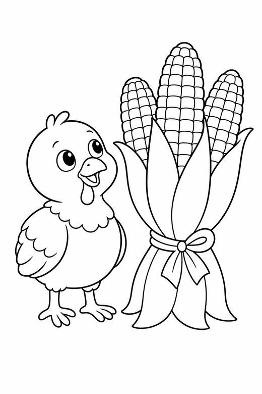 Turkey chick looking up with corn: A small round turkey chick looking upward beside a bundle of corn, free printable coloring page