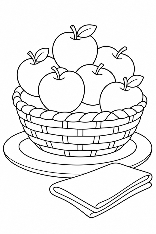 Apple basket on a plate with a napkin: A woven basket of round apples set on a plain plate with a folded napkin nearby, free printable coloring page