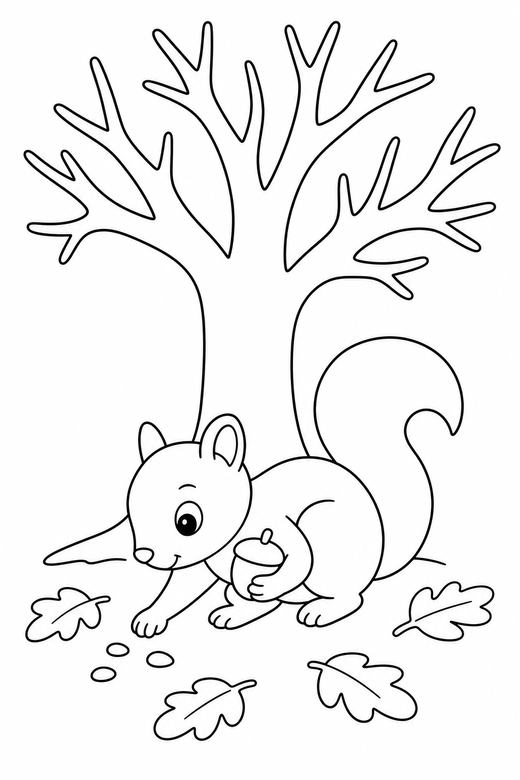 Squirrel pecking under a tree: A squirrel holding an acorn pecking at the ground under a bare autumn tree, free printable coloring page