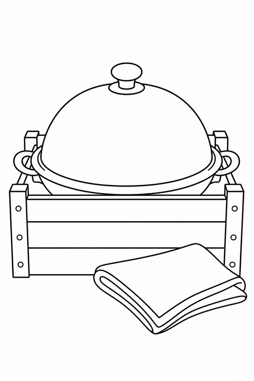 Table platter in a crate with a napkin: A large serving platter with a domed lid arranged inside a wooden crate with a folded napkin nearby, free printable coloring page