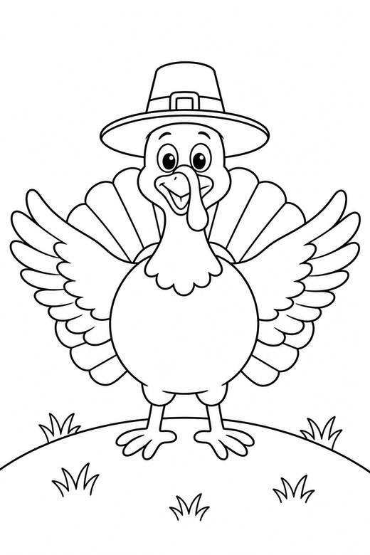 Turkey in a hat wings spread on a hill: A turkey wearing a wide brimmed hat with both wings spread wide on a low grassy hill, free printable coloring page