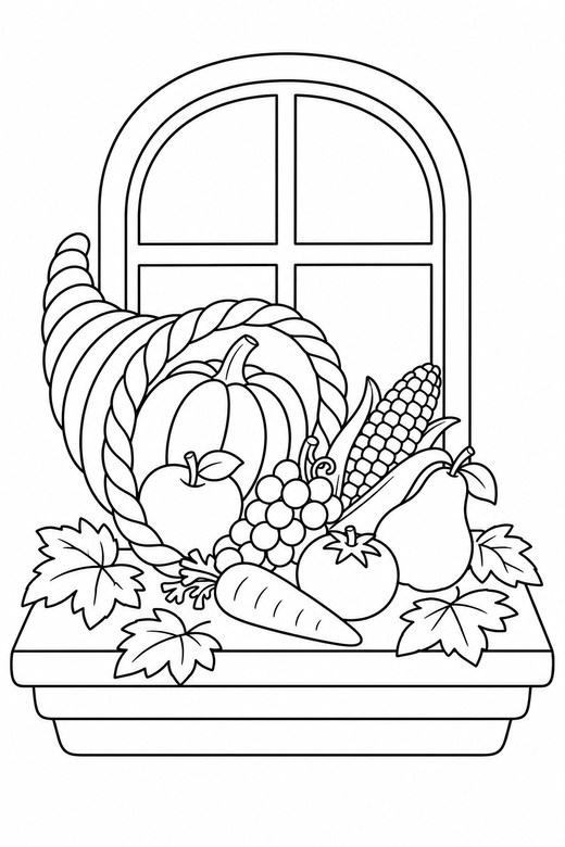 Cornucopia on a windowsill with leaves: A cornucopia spilling fruit and vegetables resting on a windowsill with autumn leaves scattered around, free printable coloring page