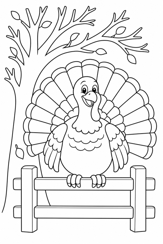 Large turkey perched under a tree: A large turkey with a full tail spread perched on a rail under a bare autumn tree, free printable coloring page