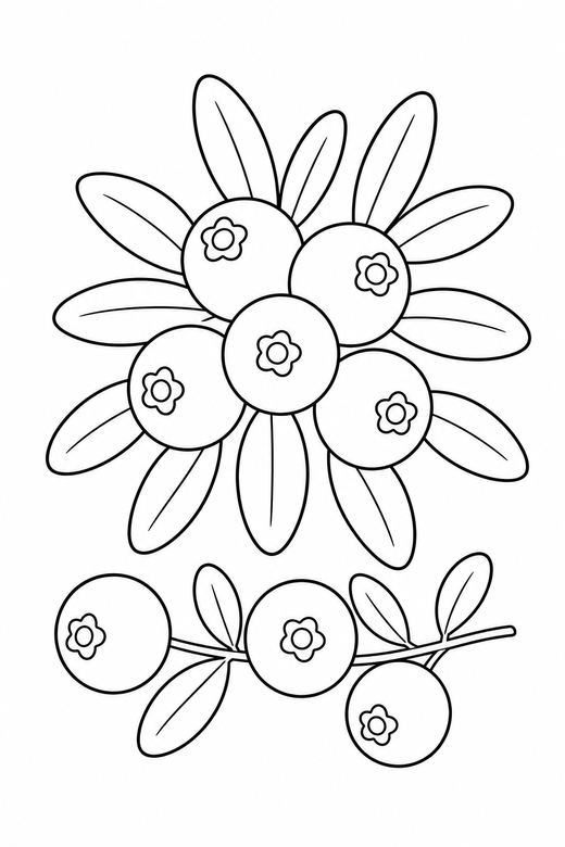 Cranberry sprig seen from above with a sprig: A sprig of round cranberries with narrow leaves seen from directly above with a sprig of berries alongside, free printable coloring page