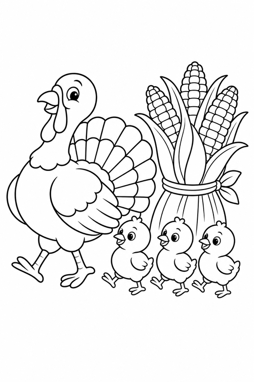 Turkey family strutting with corn: A turkey followed by three chicks strutting with their chest out beside a bundle of corn, free printable coloring page