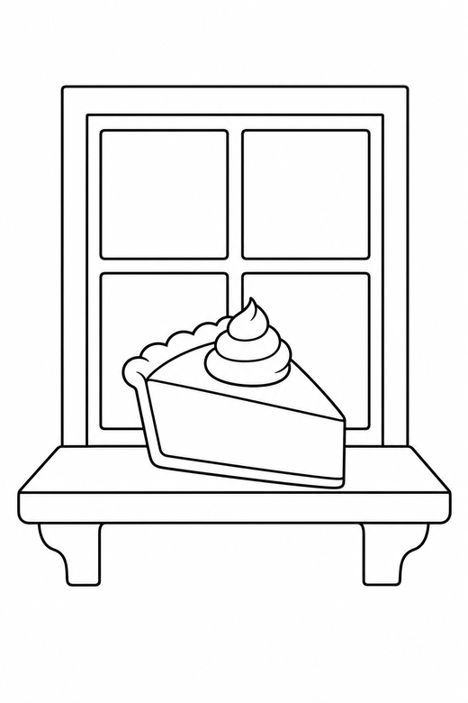Pie slice on a windowsill: A single slice of pie with a swirl of cream resting on a windowsill on a plain background with generous white space, free printable coloring page