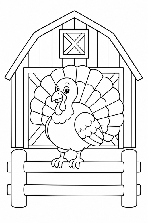 Turkey perched by the barn: A turkey with a fanned tail perched on a rail in front of a wooden barn, free printable coloring page