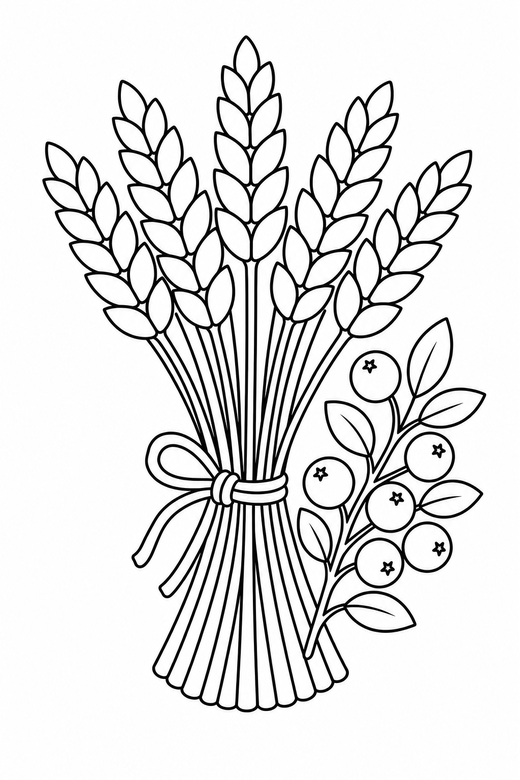 Wheat bundle seen from above with a sprig: A bundle of wheat tied with twine seen from directly above with a sprig of berries alongside, free printable coloring page