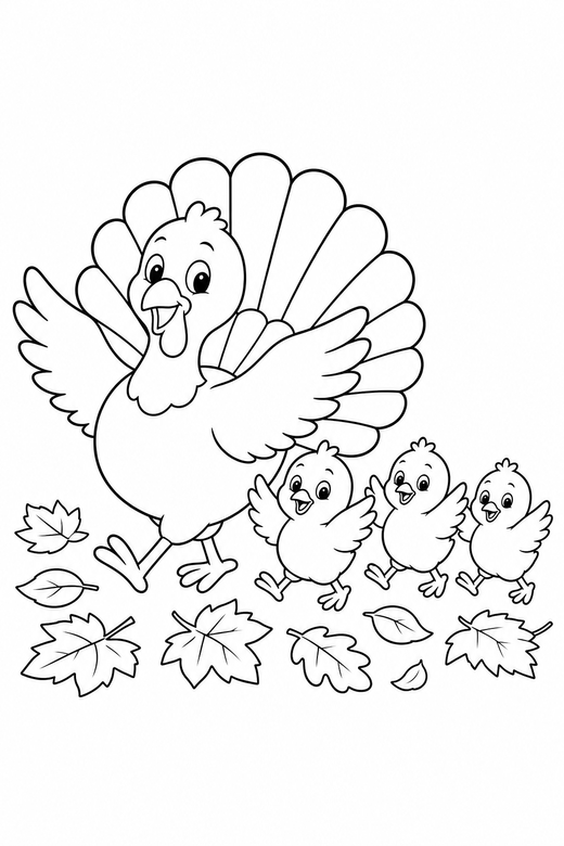 Turkey family wings spread among leaves: A turkey followed by three chicks with both wings spread wide among fallen autumn leaves, free printable coloring page