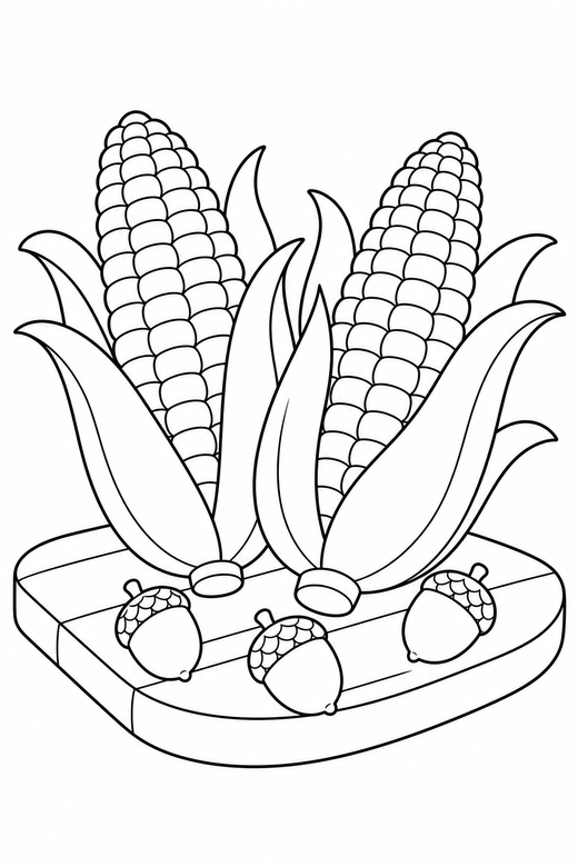 Corn cobs on a board with acorns: Two ears of corn with husks peeled back laid out on a wooden board with acorns beside them, free printable coloring page