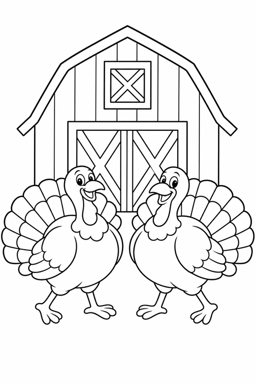 Two turkeys strutting by the barn: Two turkeys together strutting with their chest out in front of a wooden barn, free printable coloring page