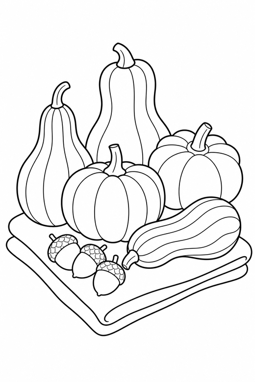 Squash and gourds on a cloth with acorns: An assortment of squash and gourds resting on a folded cloth with acorns beside them, free printable coloring page