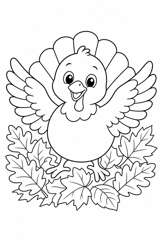Turkey chick wings spread among leaves: A small round turkey chick with both wings spread wide among fallen autumn leaves, free printable coloring page