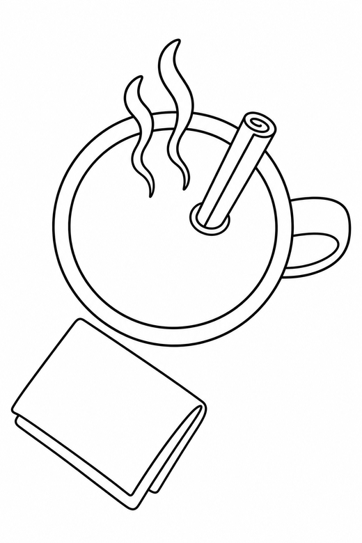 Warm drink seen from above with a napkin: A steaming mug with a cinnamon stick seen from directly above with a folded napkin nearby, free printable coloring page
