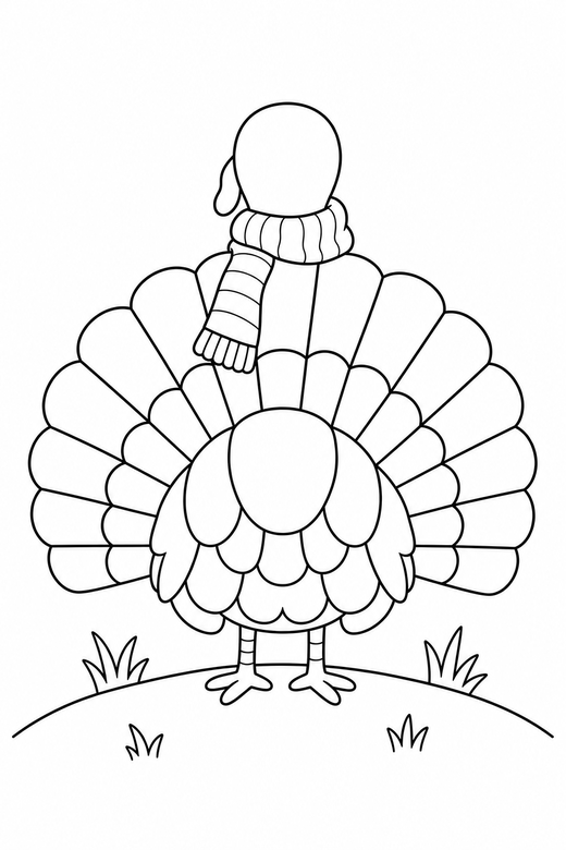 Turkey with a scarf seen from behind: A turkey wearing a knitted scarf seen from behind with its tail fanned toward you on a low grassy hill, free printable coloring page