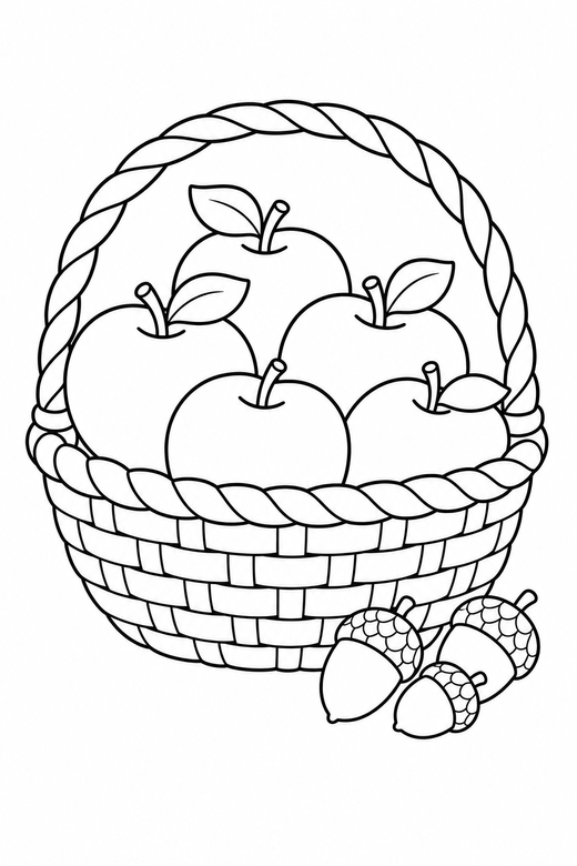 Apple basket side view with acorns: A woven basket of round apples shown from the side with acorns beside them, free printable coloring page