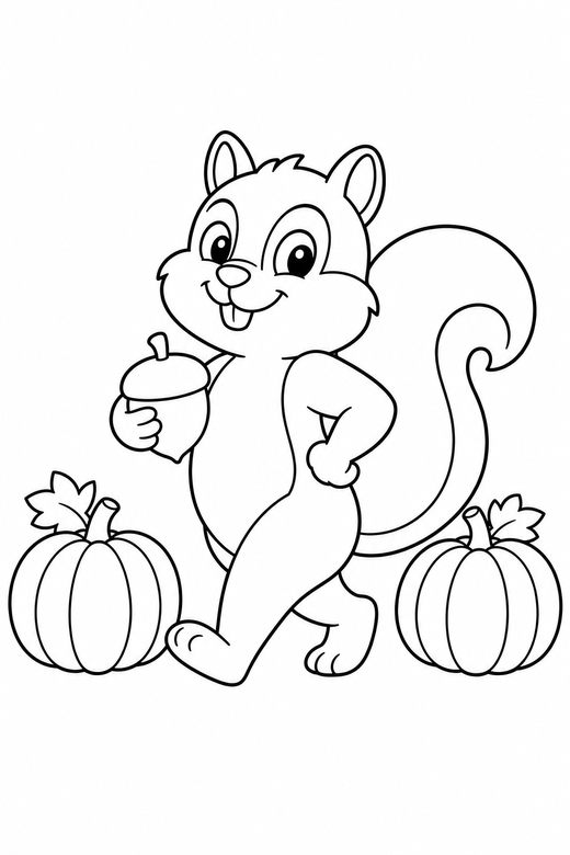 Squirrel strutting with pumpkins: A squirrel holding an acorn strutting with its chest out between two pumpkins, free printable coloring page