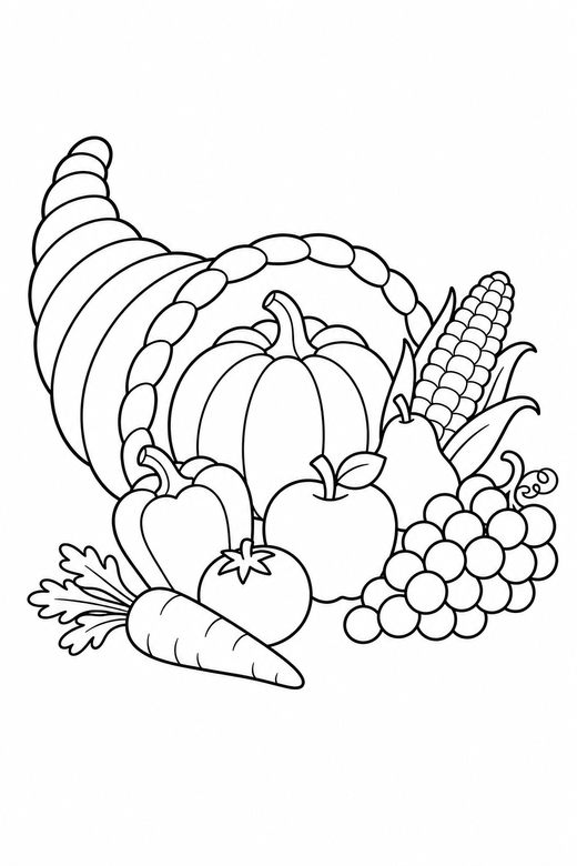 Cornucopia side view: A cornucopia spilling fruit and vegetables shown from the side on a plain background with generous white space, free printable coloring page