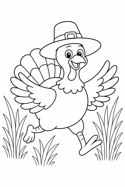 Turkey in a hat running in tall grass: A turkey wearing a wide brimmed hat running with its wings out among tall dry grass, free printable coloring page