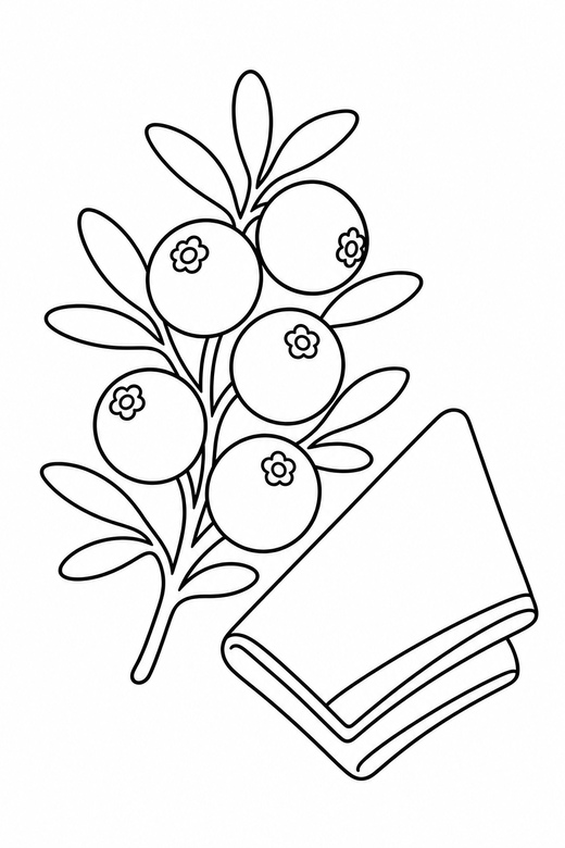 Cranberry sprig side view with a napkin: A sprig of round cranberries with narrow leaves shown from the side with a folded napkin nearby, free printable coloring page