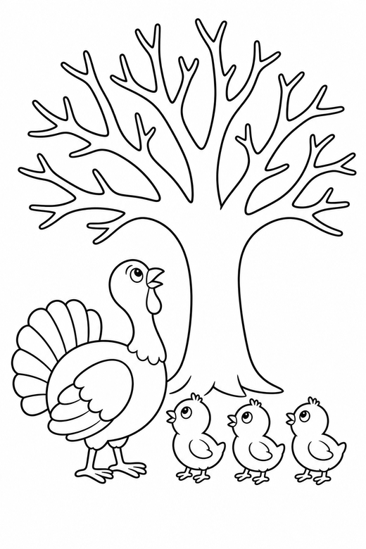 Turkey family looking up under a tree: A turkey followed by three chicks looking upward under a bare autumn tree, free printable coloring page