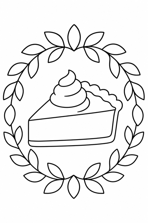 Pie slice side view framed by a wreath: A single slice of pie with a swirl of cream shown from the side framed by a ring of leaves, free printable coloring page