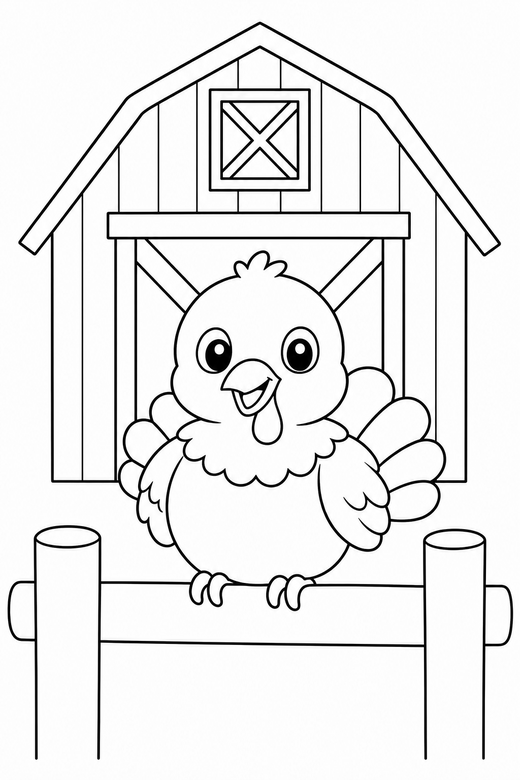 Turkey chick perched by the barn: A small round turkey chick perched on a rail in front of a wooden barn, free printable coloring page