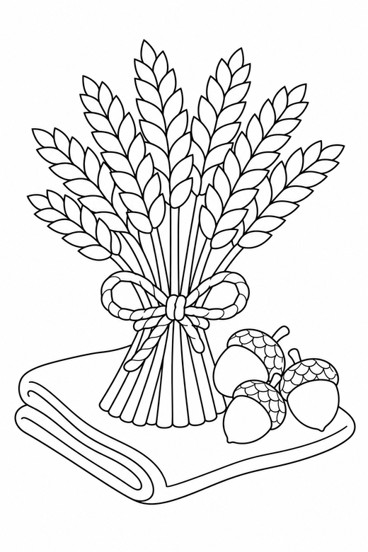 Wheat bundle on a cloth with acorns: A bundle of wheat tied with twine resting on a folded cloth with acorns beside it, free printable coloring page