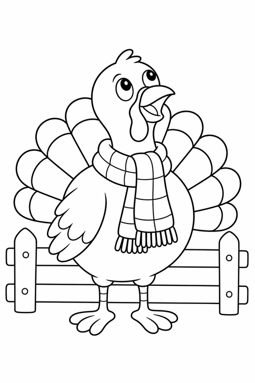 Turkey with a scarf looking up by a fence: A turkey wearing a knitted scarf looking upward beside a low wooden fence, free printable coloring page