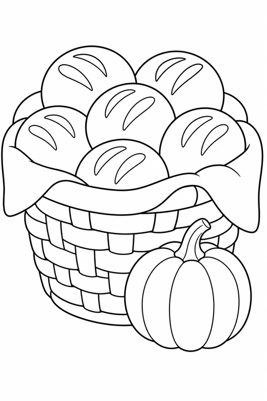 Bread rolls close up with a small pumpkin: A cloth-lined basket of round bread rolls drawn large and close up with a small pumpkin alongside, free printable coloring page