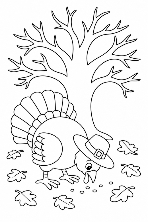 Turkey in a hat pecking under a tree: A turkey wearing a wide brimmed hat pecking at the ground under a bare autumn tree, free printable coloring page