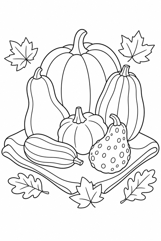 Squash and gourds on a cloth with leaves: An assortment of squash and gourds resting on a folded cloth with autumn leaves scattered around, free printable coloring page