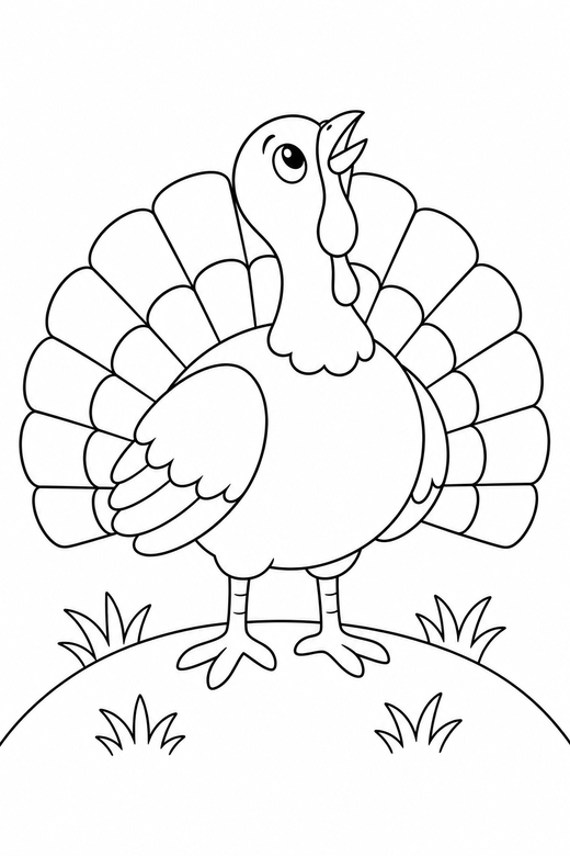 Turkey looking up on a hill: A turkey with a fanned tail looking upward on a low grassy hill, free printable coloring page