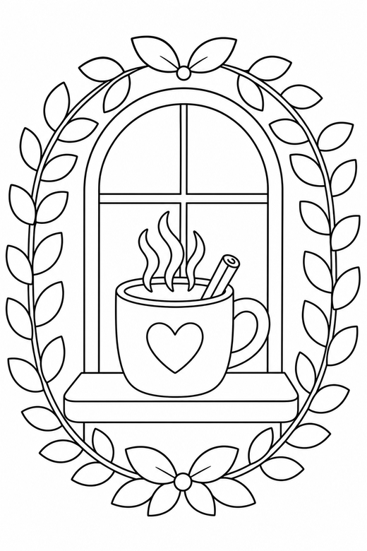 Warm drink on a windowsill: A steaming mug with a cinnamon stick resting on a windowsill framed by a ring of leaves, free printable coloring page