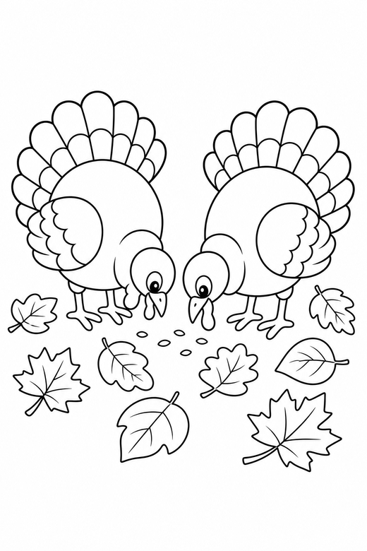 Two turkeys pecking among leaves: Two turkeys together pecking at the ground among fallen autumn leaves, free printable coloring page