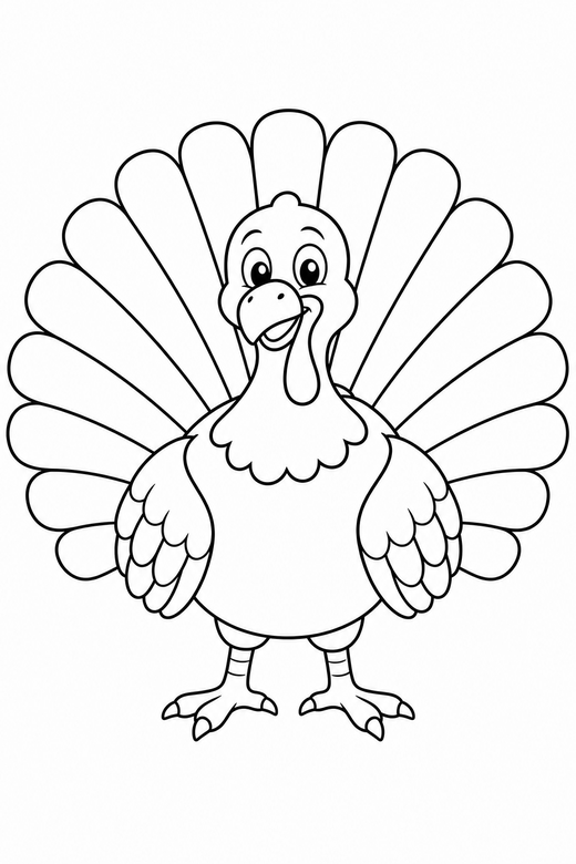 Turkey with fanned tail: A turkey standing with a wide fan of separate tail feathers, free printable coloring page