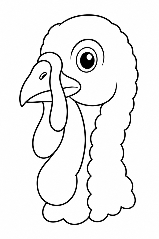 Turkey face close-up: A turkey head portrait with a wattle, beak and round eye, free printable coloring page