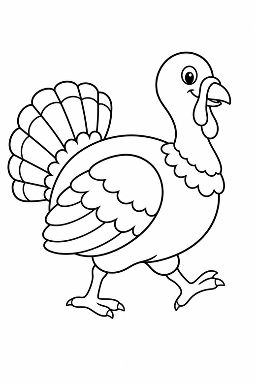 Turkey walking: A turkey walking in profile with its tail partly closed, free printable coloring page